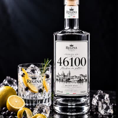 46100 Gin Premium Regina con bottiglia e bicchiere