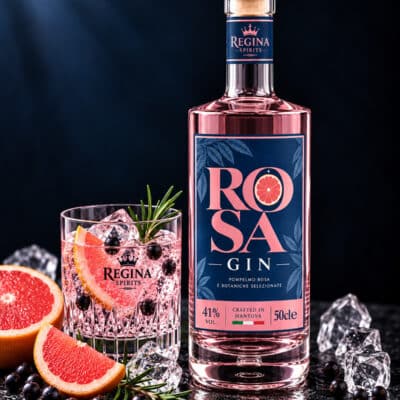 Gin Rosa Regina con bottiglia e bicchiere