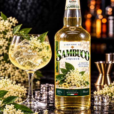 Liquore al Sambuco Regina con bottiglia e bicchiere
