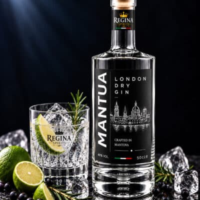 Mantua London Dry Gin Regina con bottiglia e bicchiere