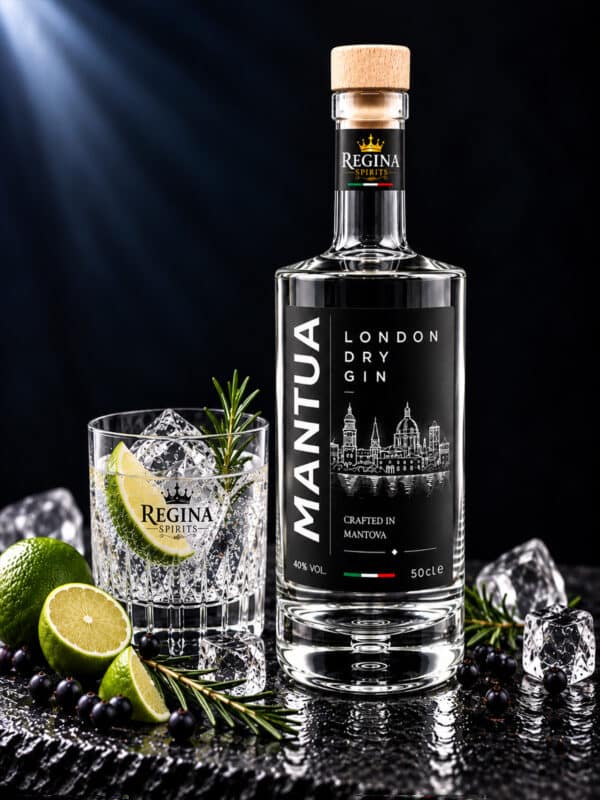 Mantua London Dry Gin Regina con bottiglia e bicchiere