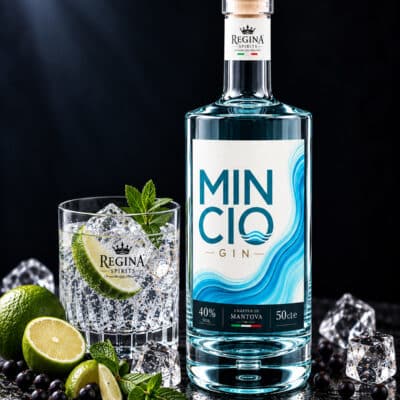 Mincio Gin Regina con bottiglia e bicchiere