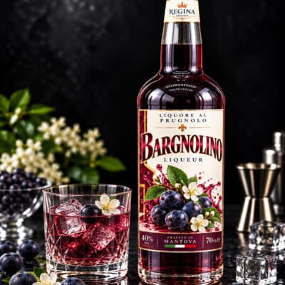 Bargnolino Regina con bottiglia e bicchiere