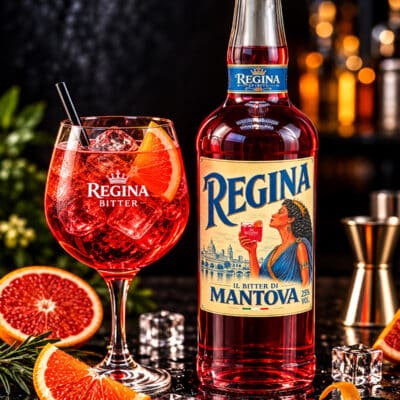 Bitter Regina artigianale di Mantova con cocktail e arancia