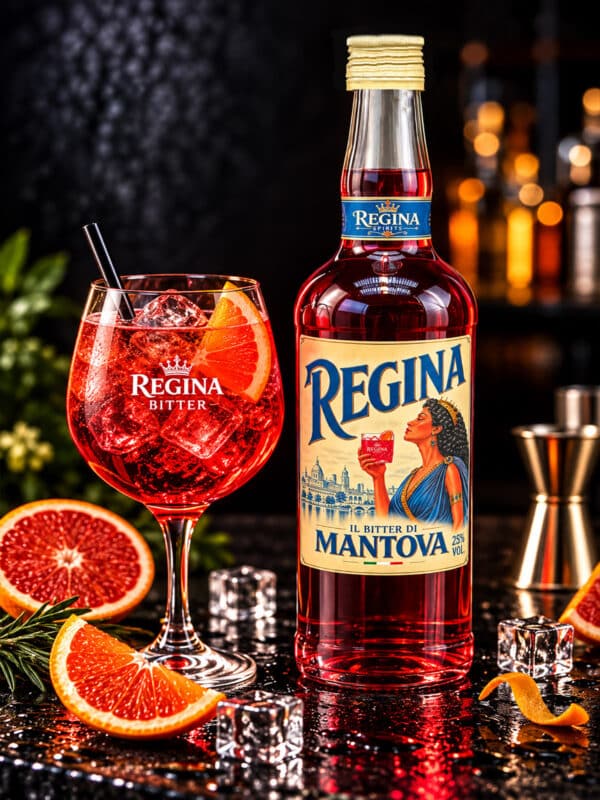 Bitter Regina artigianale di Mantova con cocktail e arancia