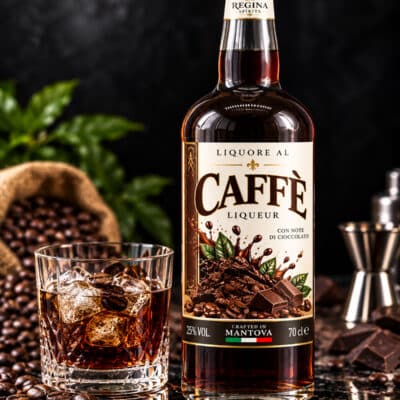 Liquore al Caffè Regina con bottiglia e bicchiere