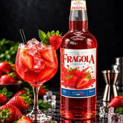 Liquore alla Fragola Regina con bottiglia e bicchiere