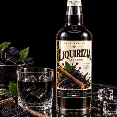 Liquore alla Liquirizia Regina con bicchiere e ghiaccio