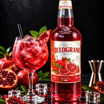 Liquore al Melograno Regina con bottiglia e bicchiere