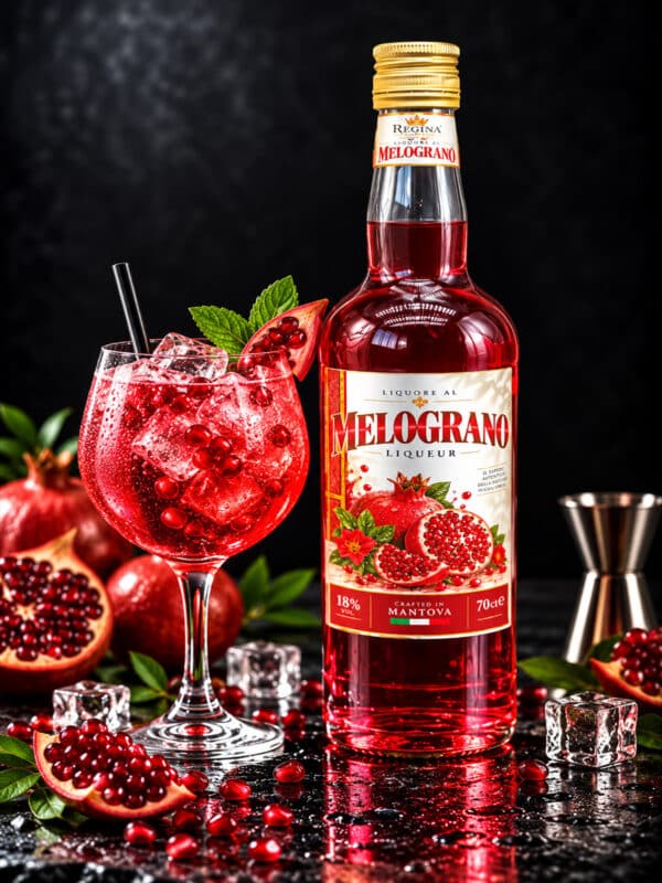Liquore al Melograno Regina con bottiglia e bicchiere