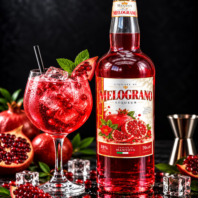Liquore al Melograno Regina con bottiglia e bicchiere