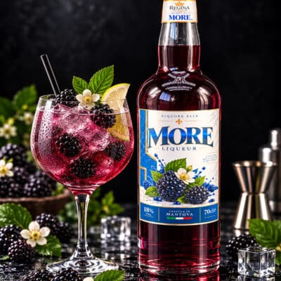 Liquore alle More Regina con bottiglia e bicchiere