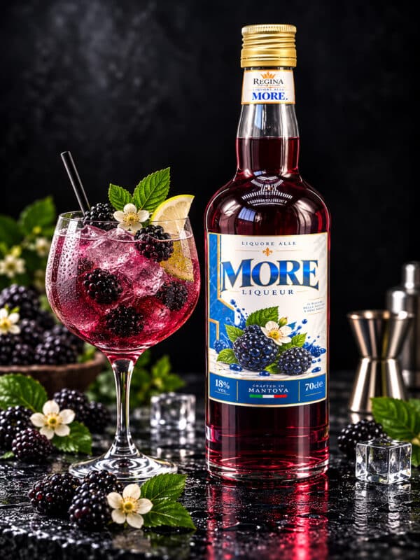 Liquore alle More Regina con bottiglia e bicchiere