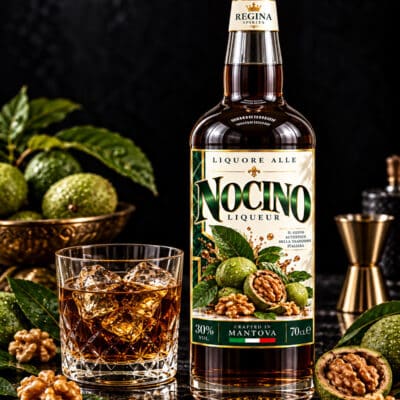 Nocino Regina con bicchiere e ghiaccio
