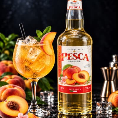 Liquore alla Pesca Regina con bottiglia e bicchiere
