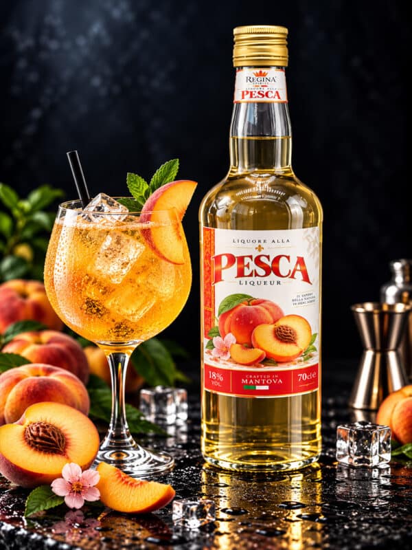 Liquore alla Pesca Regina con bottiglia e bicchiere