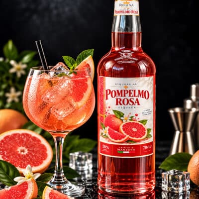 Liquore al Pompelmo Rosa Regina con bottiglia e bicchiere