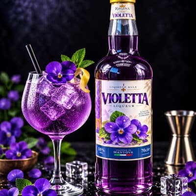 Liquore alla Violetta Regina con bottiglia e bicchiere