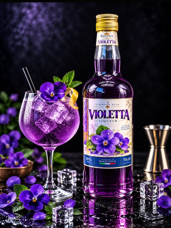 Liquore alla Violetta Regina con bottiglia e bicchiere