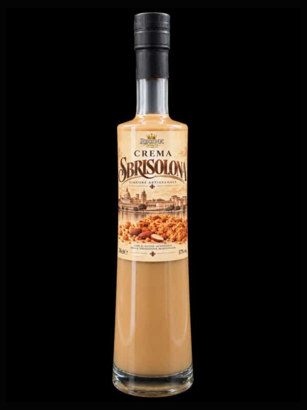 Bottiglia di Crema Sbrisolona Regina Spirits, liquore artigianale al gusto del tradizionale dolce mantovano.